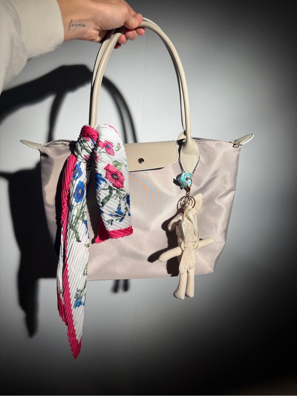 Classic  white / off white Tote Bag with Floral Scarf and Charm